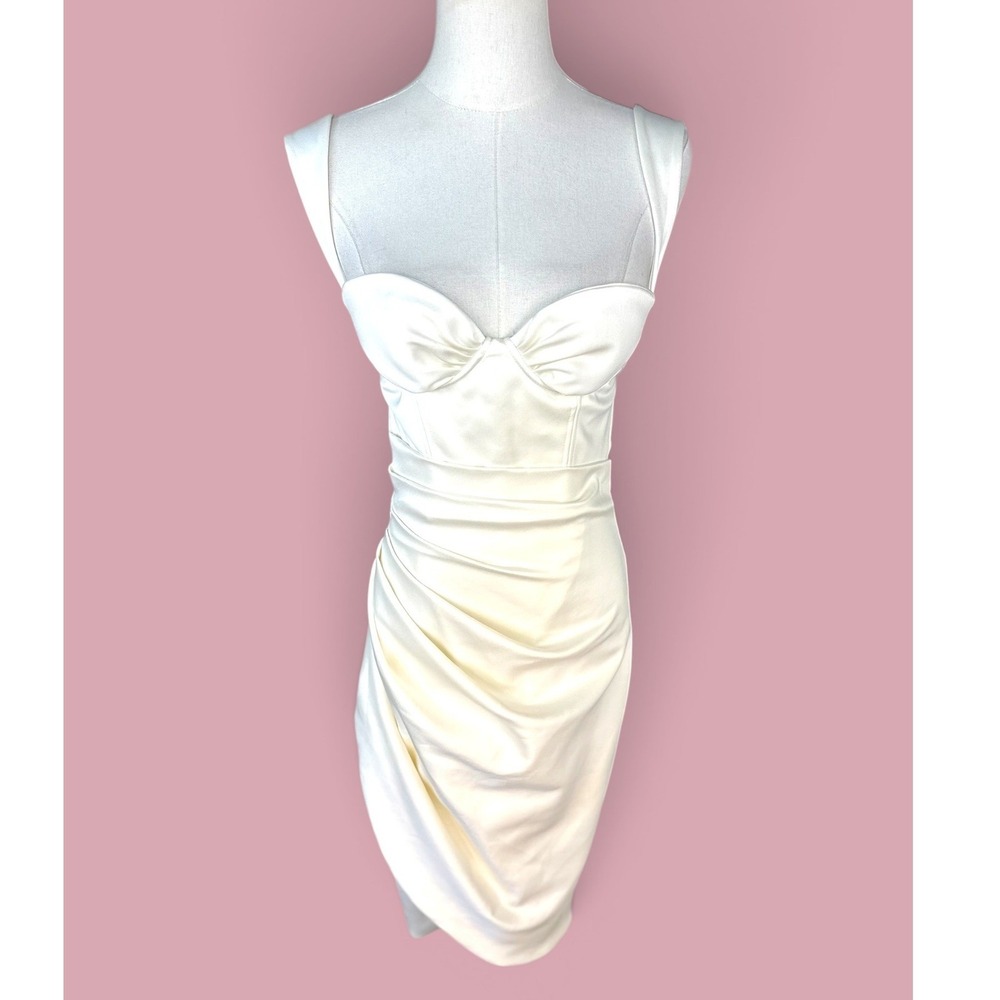 House of CB Omaria Corset Mini Dress SZXS Ivory Draped Satin Slit Back Cutout - Picture 4 of 13